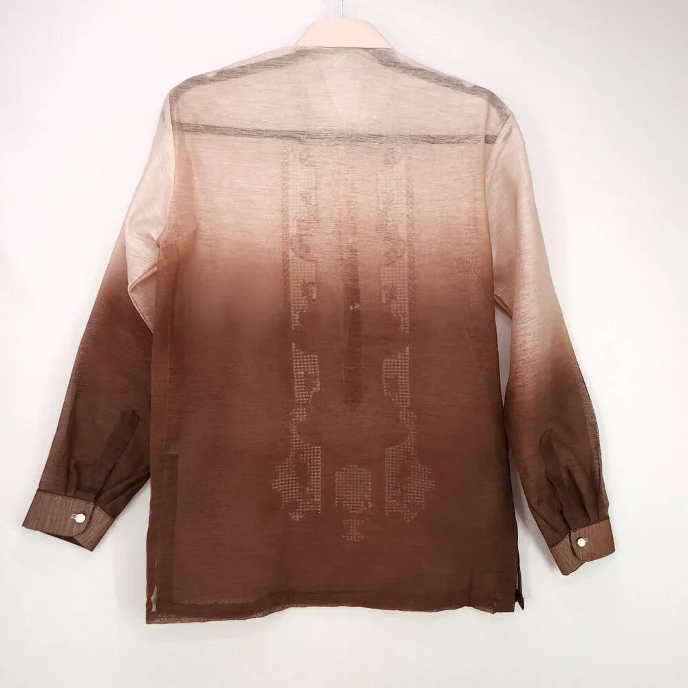 Barong Lumban Button Up Tagalog Shirt Long Sleeve Size Small Embroidered Sheer - Picture 2 of 13